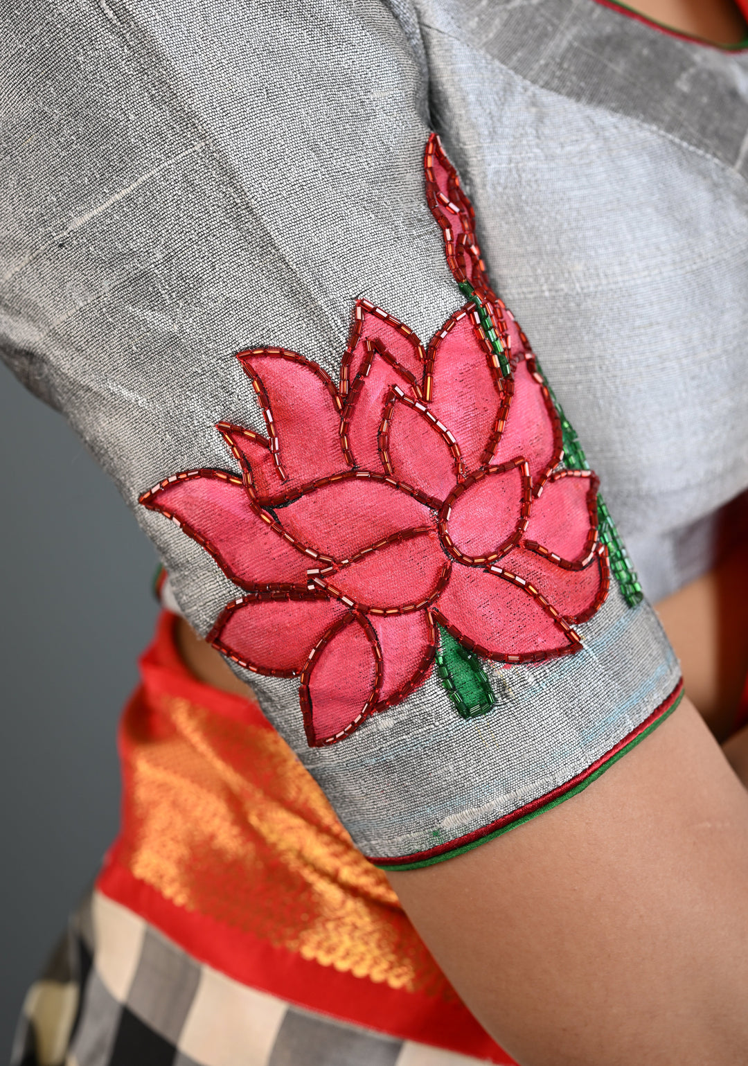 Pure Raw Silk Blouse in Gray with Lotus Handpainting , embellishments and Backless-Tie up Detailing, Customizable, Made to Order