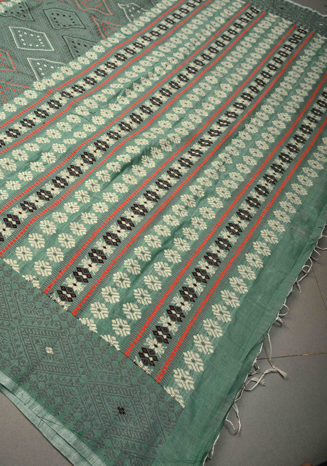 Sage Green Handloom Eri Silk Saree with Resham Buttas and Thread Work Border  | SILK MARK CERTIFIED