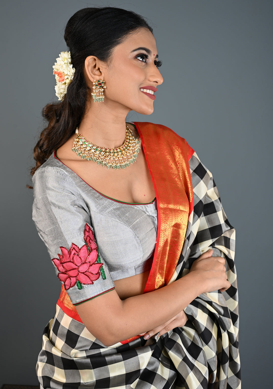 Pure Raw Silk Blouse in Gray with Lotus Handpainting , embellishments and Backless-Tie up Detailing, Customizable, Made to Order