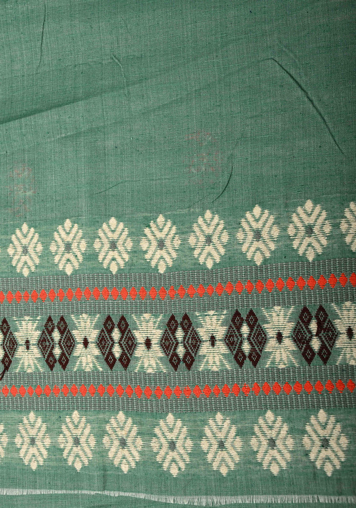 Sage Green Handloom Eri Silk Saree with Resham Buttas and Thread Work Border  | SILK MARK CERTIFIED