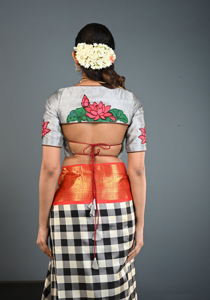 Pure Raw Silk Blouse in Gray with Lotus Handpainting , embellishments and Backless-Tie up Detailing, Customizable, Made to Order