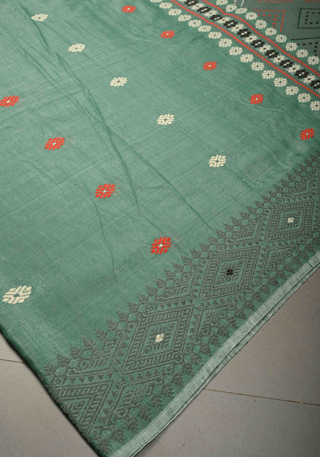 Sage Green Handloom Eri Silk Saree with Resham Buttas and Thread Work Border  | SILK MARK CERTIFIED