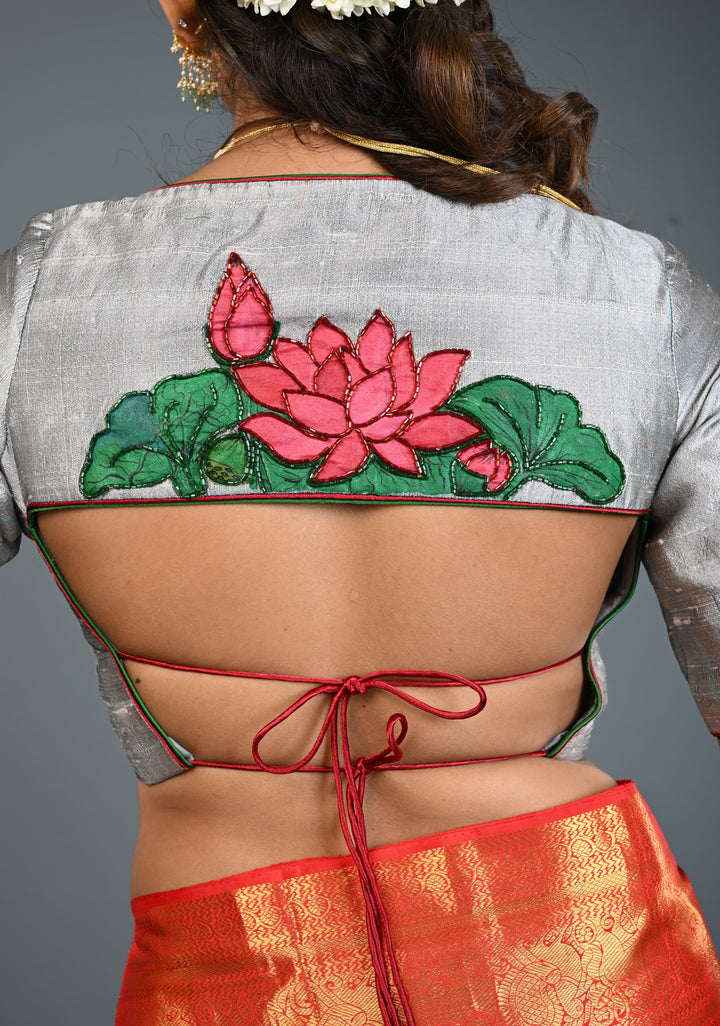 Pure Raw Silk Blouse in Gray with Lotus Handpainting , embellishments and Backless-Tie up Detailing, Customizable, Made to Order