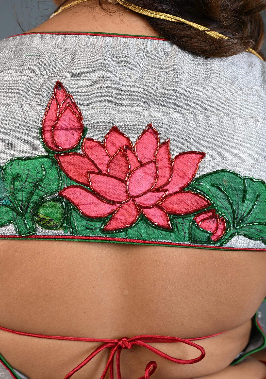Pure Raw Silk Blouse in Gray with Lotus Handpainting , embellishments and Backless-Tie up Detailing, Customizable, Made to Order