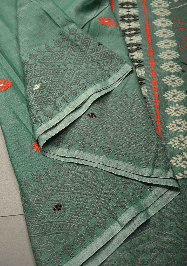 Sage Green Handloom Eri Silk Saree with Resham Buttas and Thread Work Border  | SILK MARK CERTIFIED