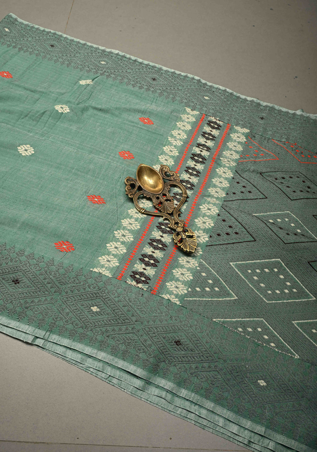 Sage Green Handloom Eri Silk Saree with Resham Buttas and Thread Work Border  | SILK MARK CERTIFIED