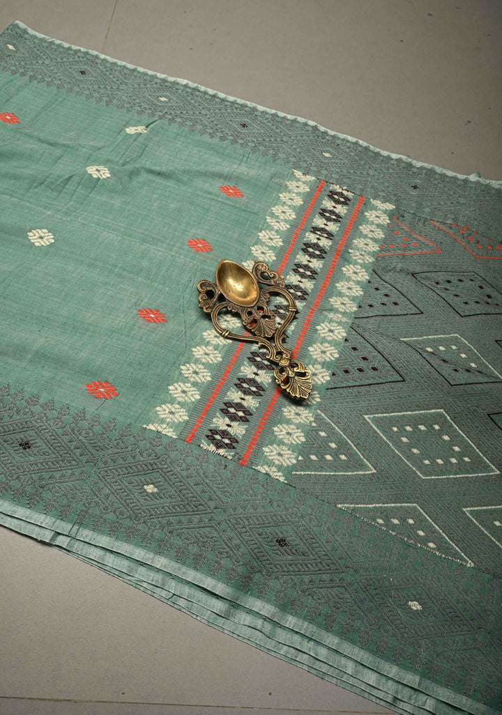 Sage Green Handloom Eri Silk Saree with Resham Buttas and Thread Work Border  | SILK MARK CERTIFIED