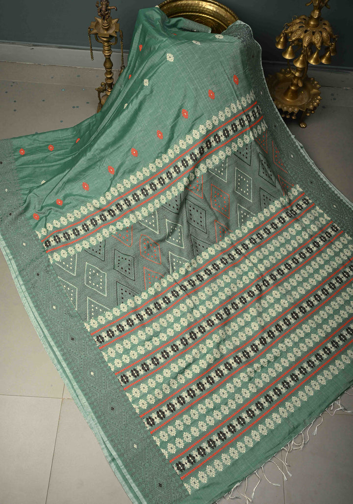 Sage Green Handloom Eri Silk Saree with Resham Buttas and Thread Work Border  | SILK MARK CERTIFIED