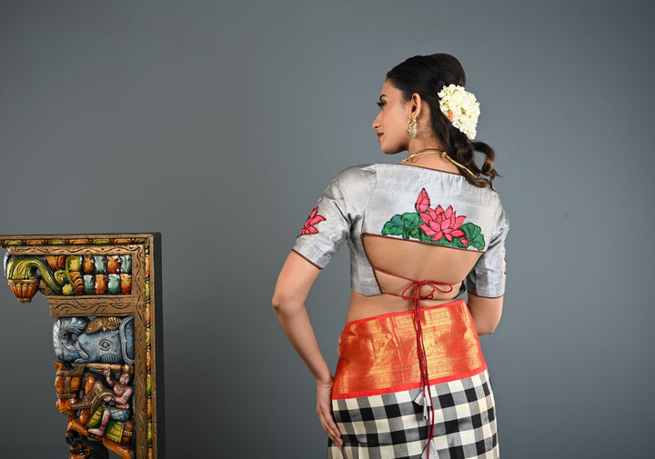 Pure Raw Silk Blouse in Gray with Lotus Handpainting , embellishments and Backless-Tie up Detailing, Customizable, Made to Order