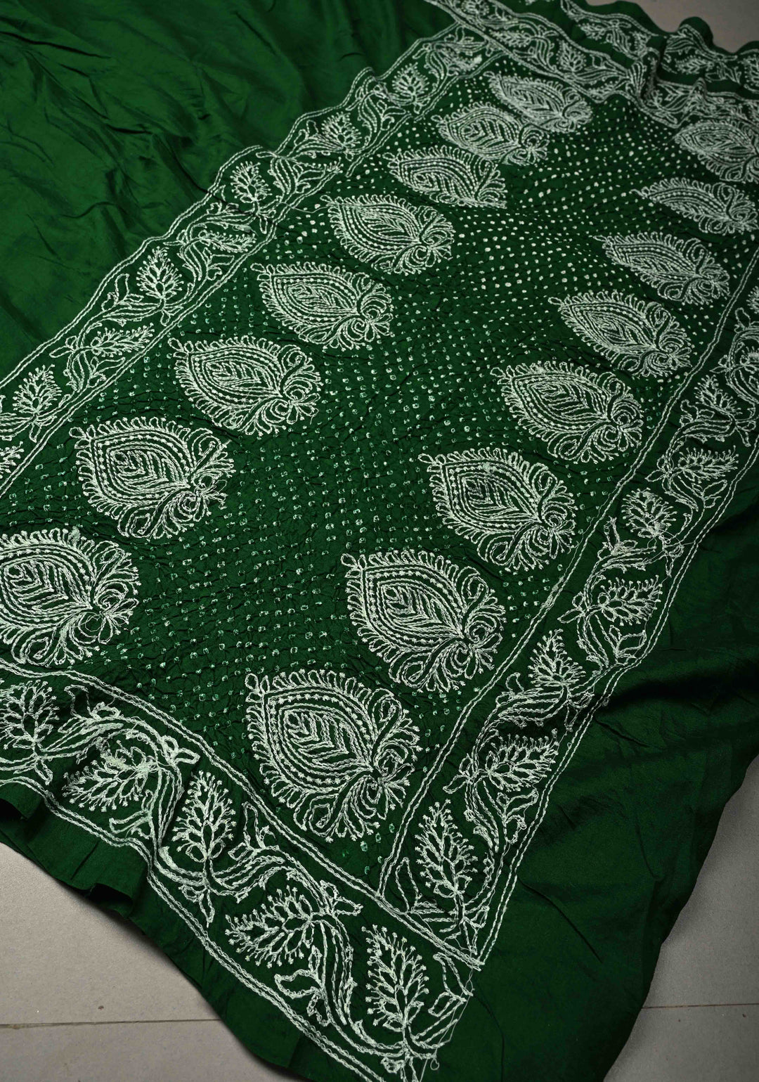Bottle Green Banarasi Katan Silk Fusion Jugalbandi Saree with Bandhej in Shibori Mandala Design and Chikankari Border |  SILK MARK CERTIFIED | SHOBITAM