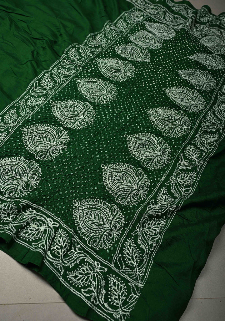 Bottle Green Banarasi Katan Silk Fusion Jugalbandi Saree with Bandhej in Shibori Mandala Design and Chikankari Border |  SILK MARK CERTIFIED | SHOBITAM