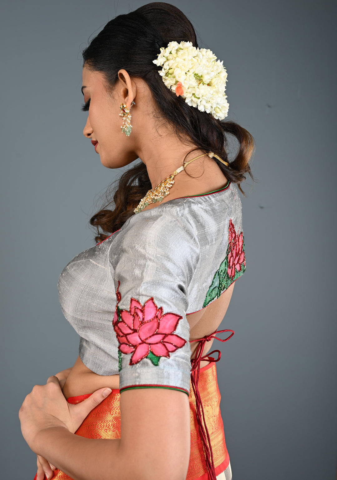 Pure Raw Silk Blouse in Gray with Lotus Handpainting , embellishments and Backless-Tie up Detailing, Customizable, Made to Order