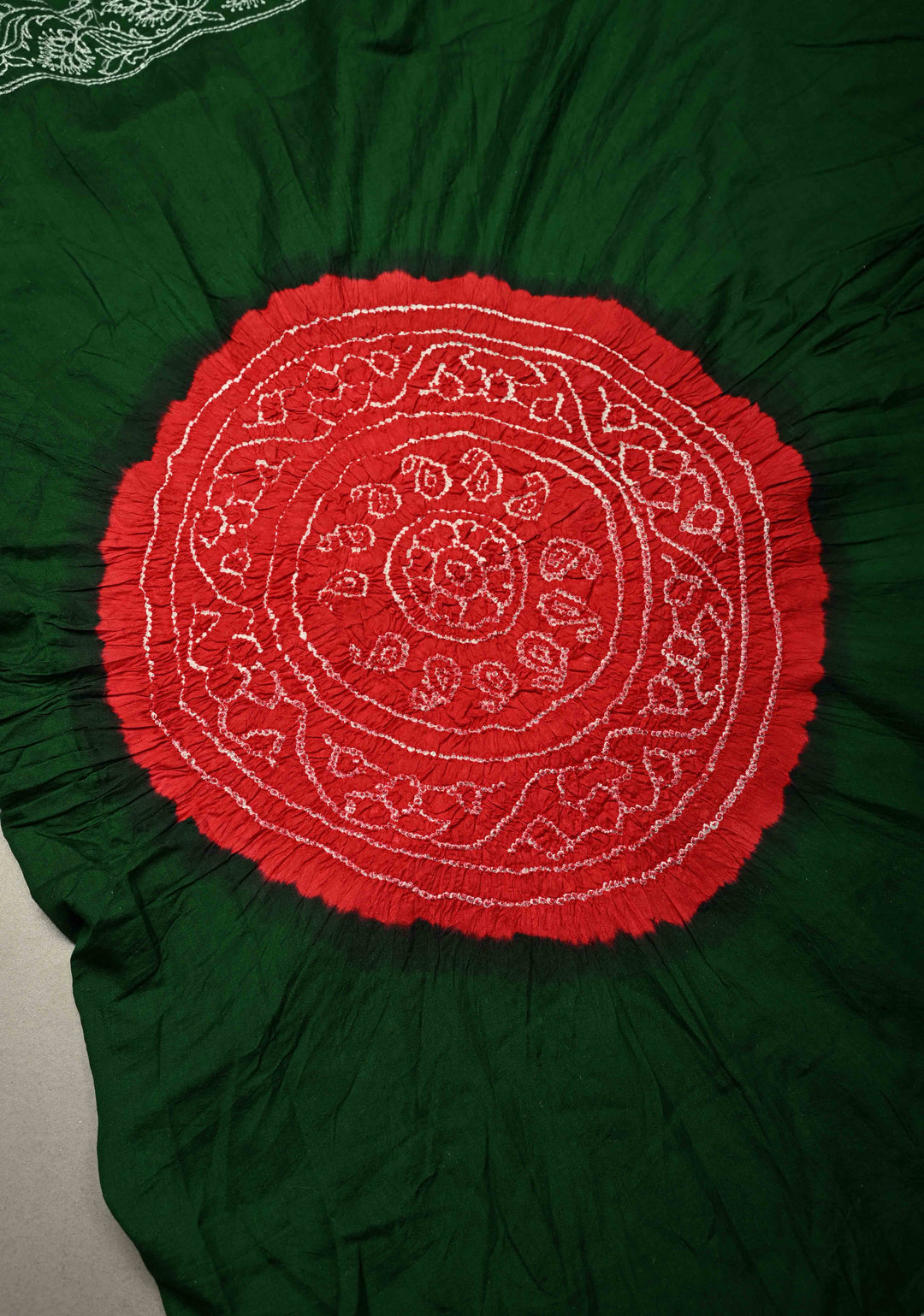 Bottle Green Banarasi Katan Silk Fusion Jugalbandi Saree with Bandhej in Shibori Mandala Design and Chikankari Border |  SILK MARK CERTIFIED | SHOBITAM