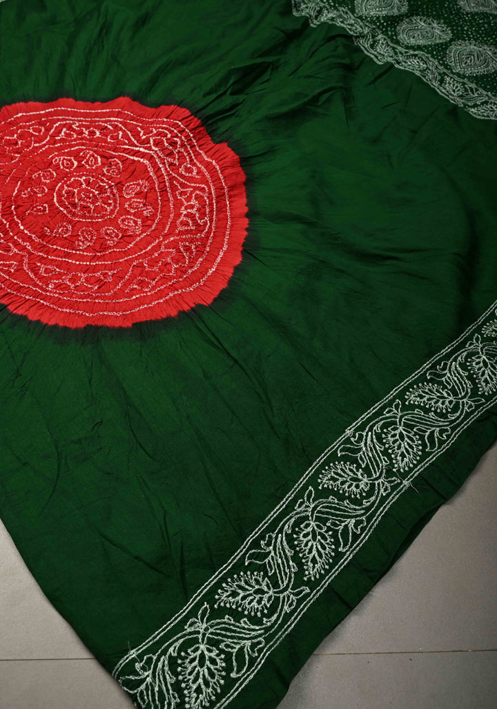 Bottle Green Banarasi Katan Silk Fusion Jugalbandi Saree with Bandhej in Shibori Mandala Design and Chikankari Border |  SILK MARK CERTIFIED | SHOBITAM