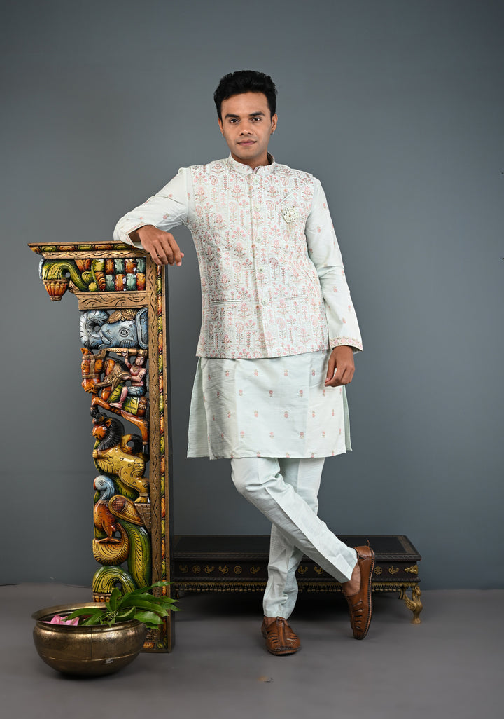 Men's Mint Green Kurta with Embroidered Nehru Jacket and Pajama Set  | Made to Order