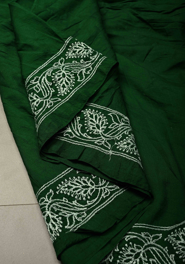 Bottle Green Banarasi Katan Silk Fusion Jugalbandi Saree with Bandhej in Shibori Mandala Design and Chikankari Border |  SILK MARK CERTIFIED | SHOBITAM