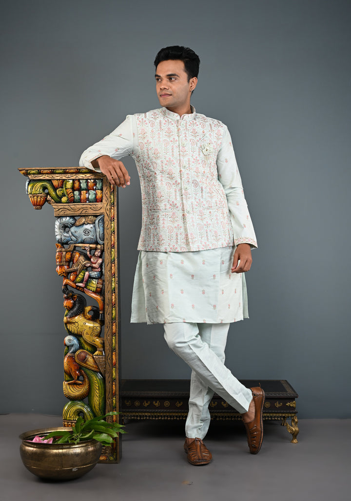 Men's Mint Green Kurta with Embroidered Nehru Jacket and Pajama Set  | Made to Order