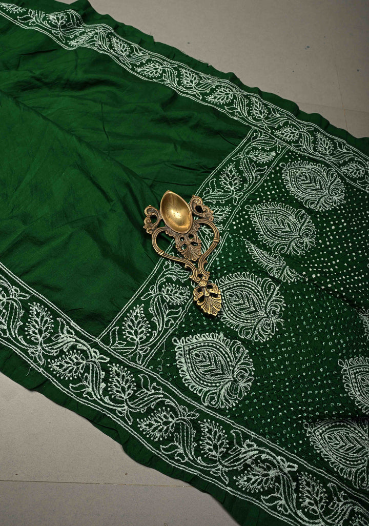 Bottle Green Banarasi Katan Silk Fusion Jugalbandi Saree with Bandhej in Shibori Mandala Design and Chikankari Border |  SILK MARK CERTIFIED | SHOBITAM