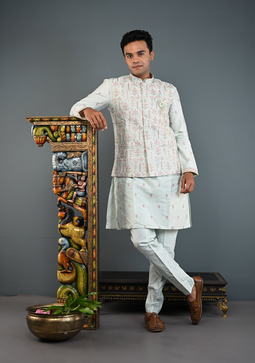 Men's Mint Green Kurta with Embroidered Nehru Jacket and Pajama Set  | Made to Order