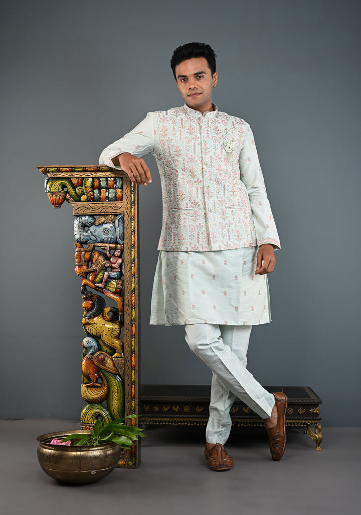 Men's Mint Green Kurta with Embroidered Nehru Jacket and Pajama Set  | Made to Order