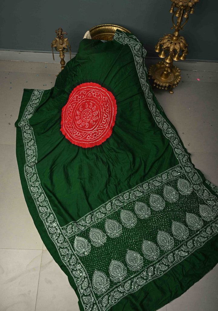 Bottle Green Banarasi Katan Silk Fusion Jugalbandi Saree with Bandhej in Shibori Mandala Design and Chikankari Border |  SILK MARK CERTIFIED | SHOBITAM