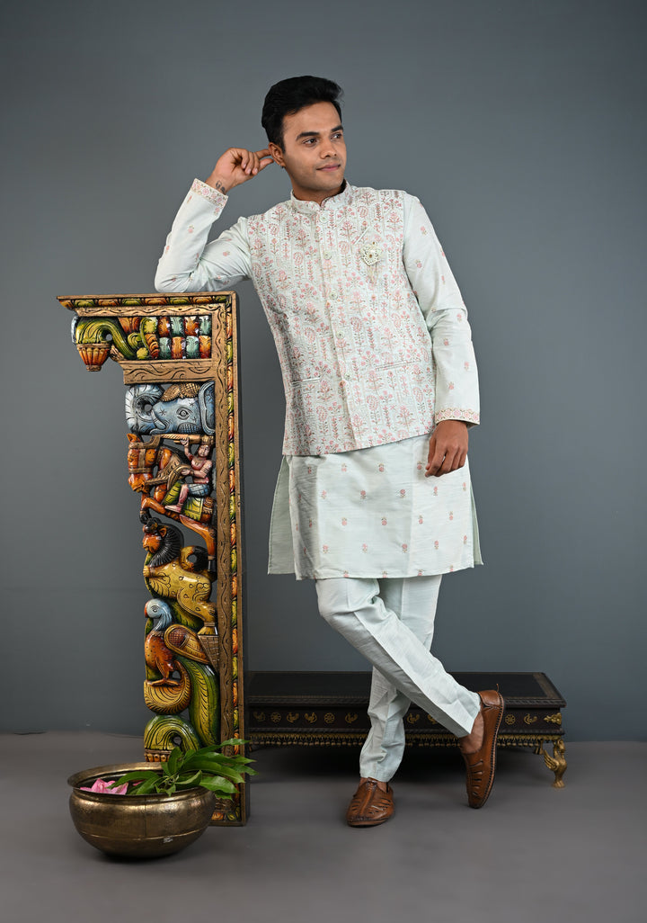 Men's Mint Green Kurta with Embroidered Nehru Jacket and Pajama Set  | Made to Order