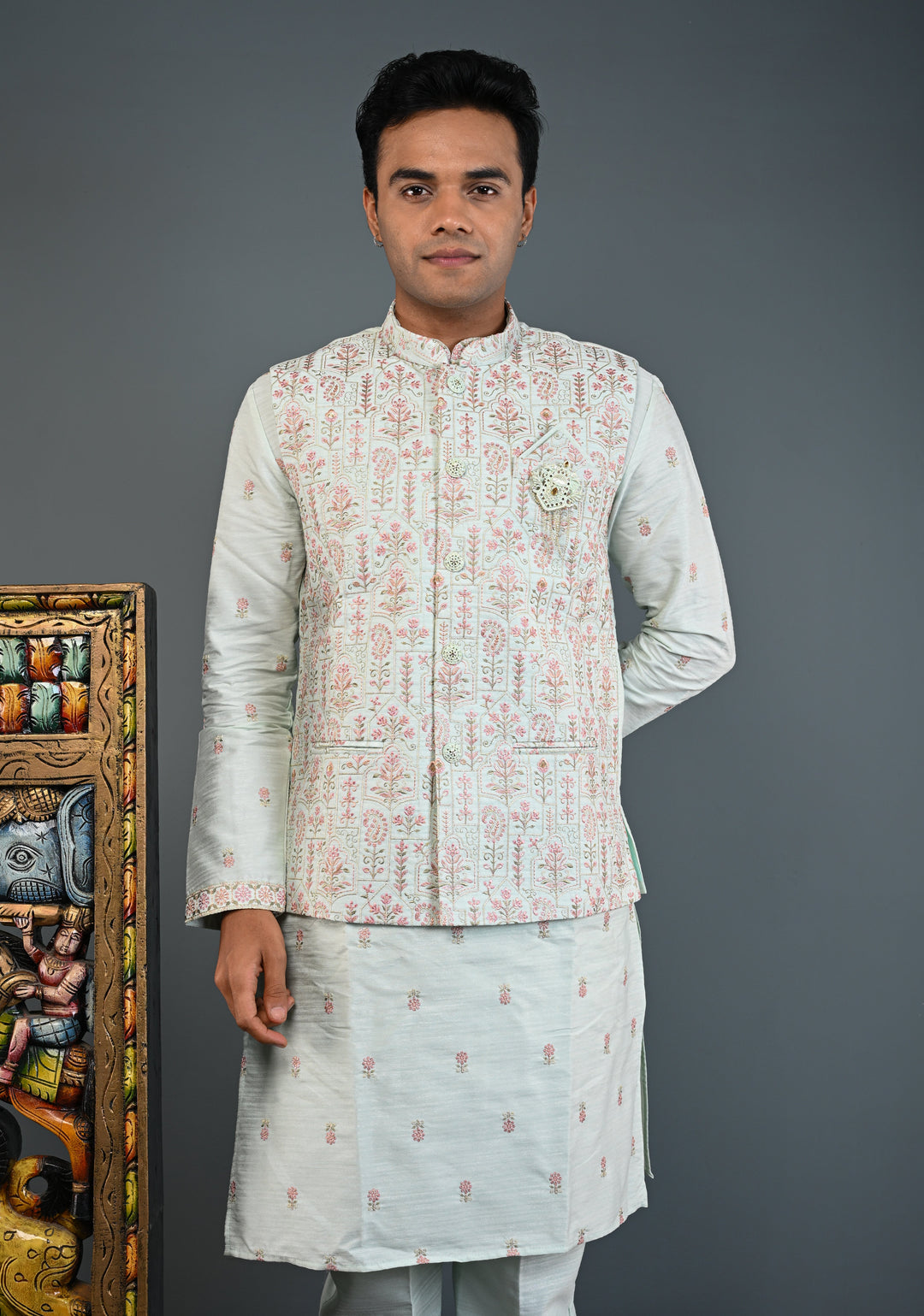 Men's Mint Green Kurta with Embroidered Nehru Jacket and Pajama Set  | Made to Order