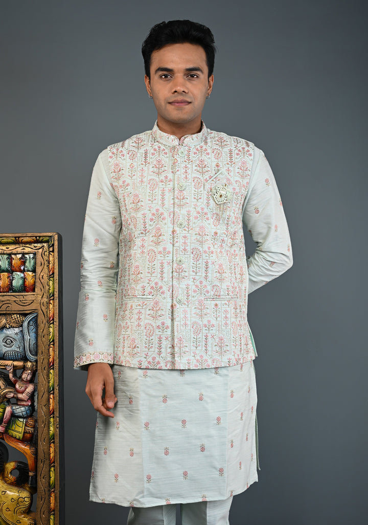 Men's Mint Green Kurta with Embroidered Nehru Jacket and Pajama Set  | Made to Order