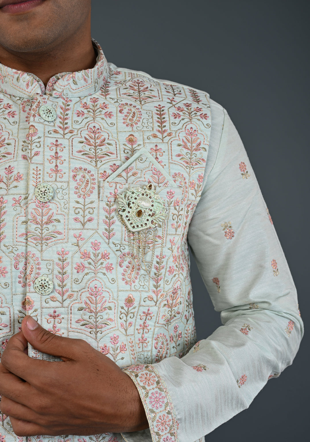Men's Mint Green Kurta with Embroidered Nehru Jacket and Pajama Set  | Made to Order