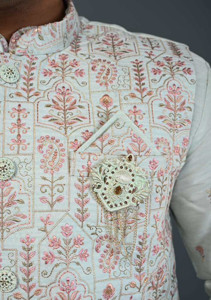 Men's Mint Green Kurta with Embroidered Nehru Jacket and Pajama Set  | Made to Order