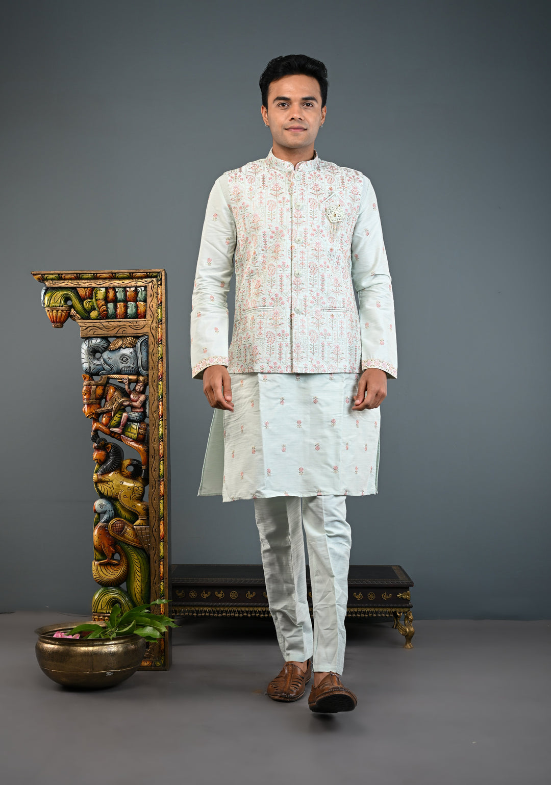 Men's Mint Green Kurta with Embroidered Nehru Jacket and Pajama Set  | Made to Order