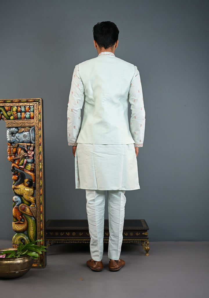 Men's Mint Green Kurta with Embroidered Nehru Jacket and Pajama Set  | Made to Order