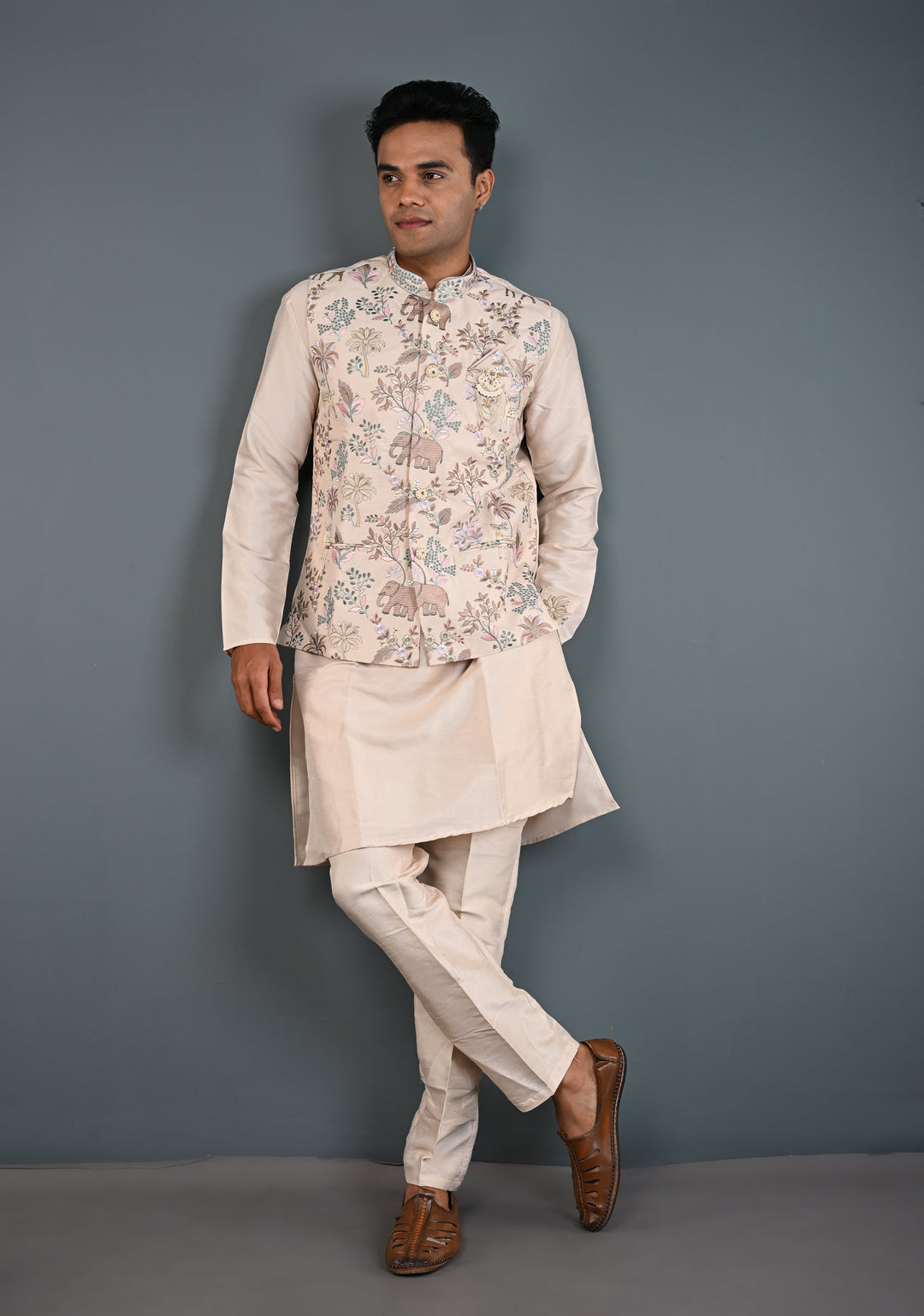 Beige Kurta with Floral and Elephant Embroidery Pajama Set for Men | Made to Order