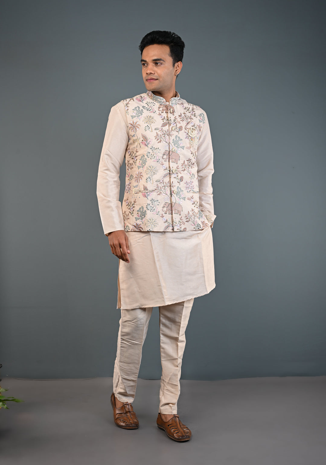 Beige Kurta with Floral and Elephant Embroidery Pajama Set for Men | Made to Order