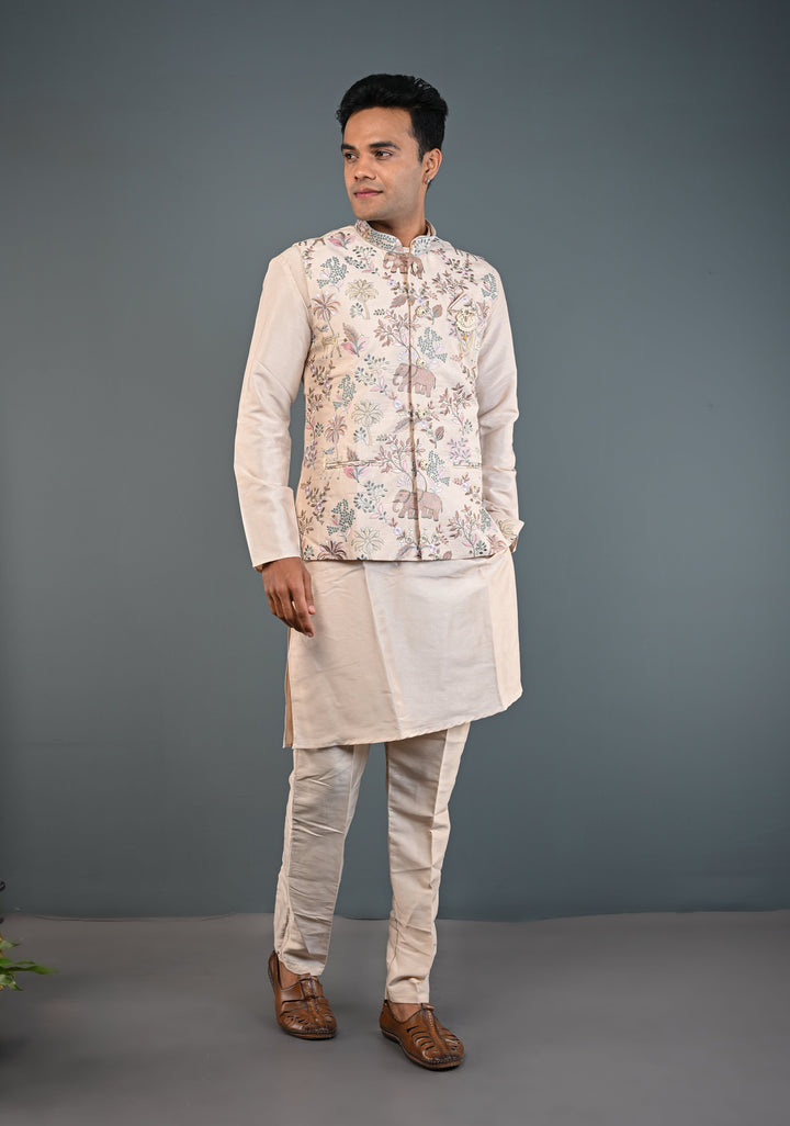 Beige Kurta with Floral and Elephant Embroidery Pajama Set for Men | Made to Order