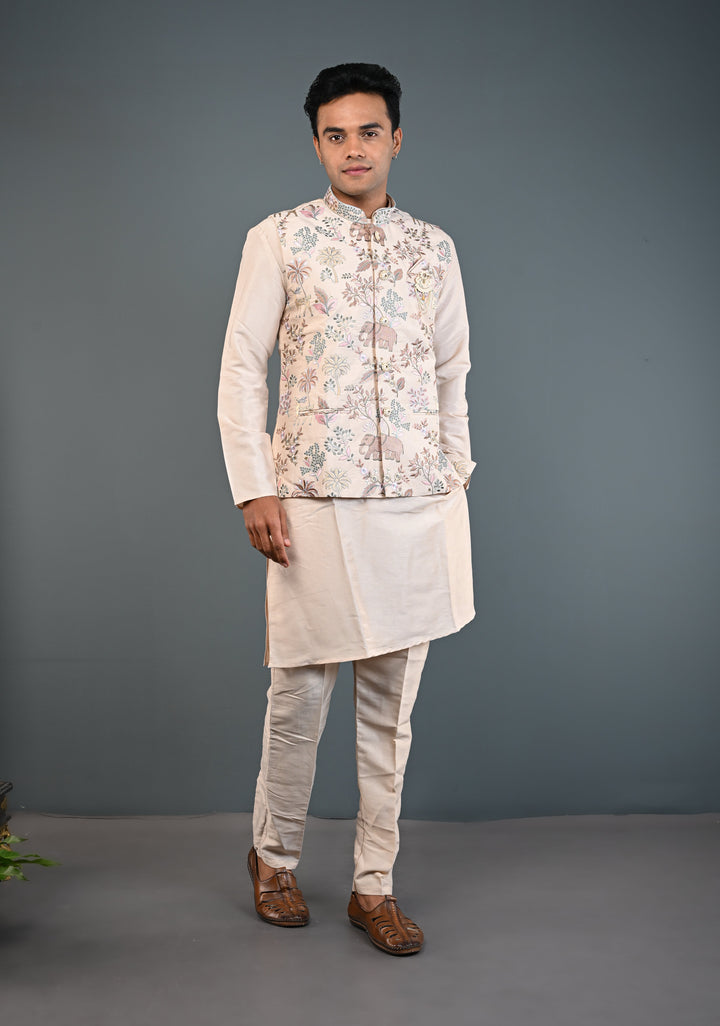 Beige Kurta with Floral and Elephant Embroidery Pajama Set for Men | Made to Order