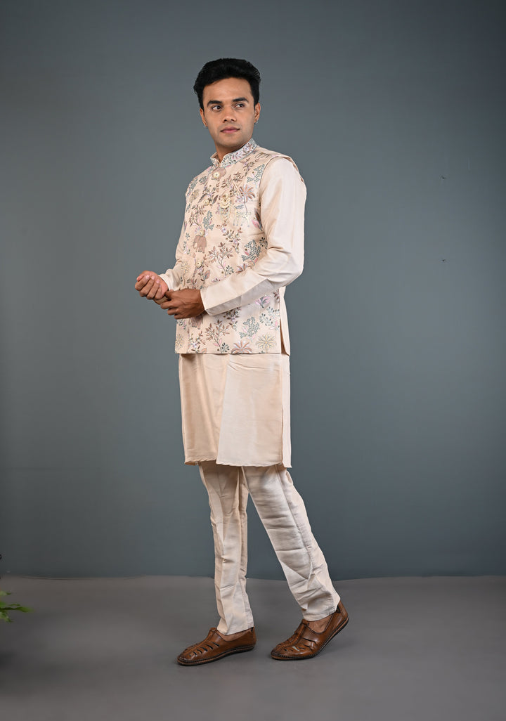 Beige Kurta with Floral and Elephant Embroidery Pajama Set for Men | Made to Order