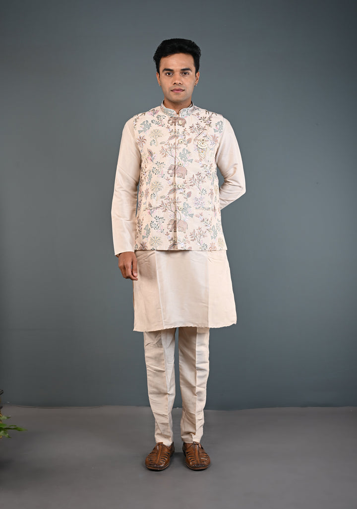 Beige Kurta with Floral and Elephant Embroidery Pajama Set for Men | Made to Order