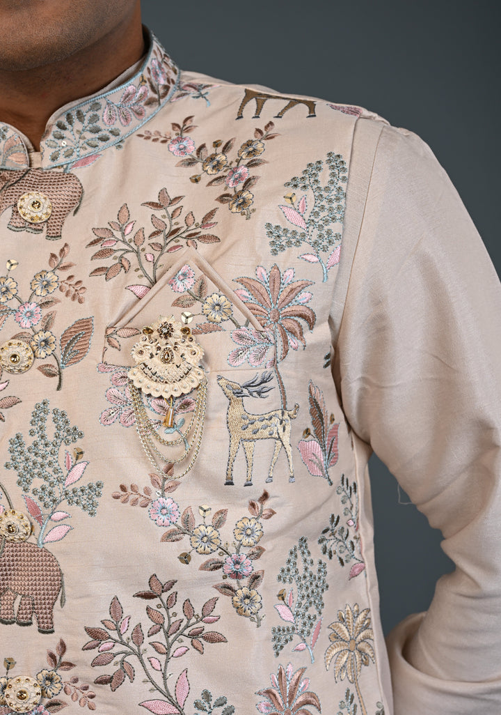 Beige Kurta with Floral and Elephant Embroidery Pajama Set for Men | Made to Order