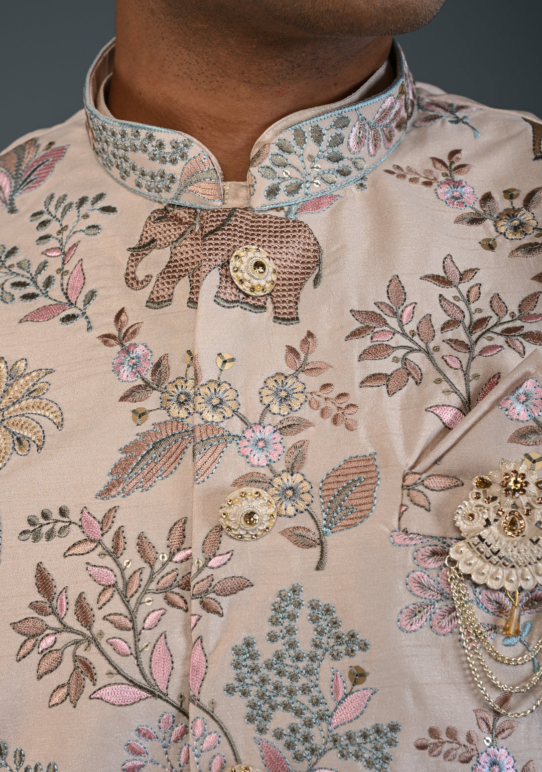 Beige Kurta with Floral and Elephant Embroidery Pajama Set for Men | Made to Order