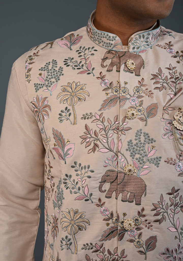 Beige Kurta with Floral and Elephant Embroidery Pajama Set for Men | Made to Order