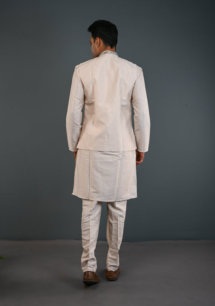Beige Kurta with Floral and Elephant Embroidery Pajama Set for Men | Made to Order
