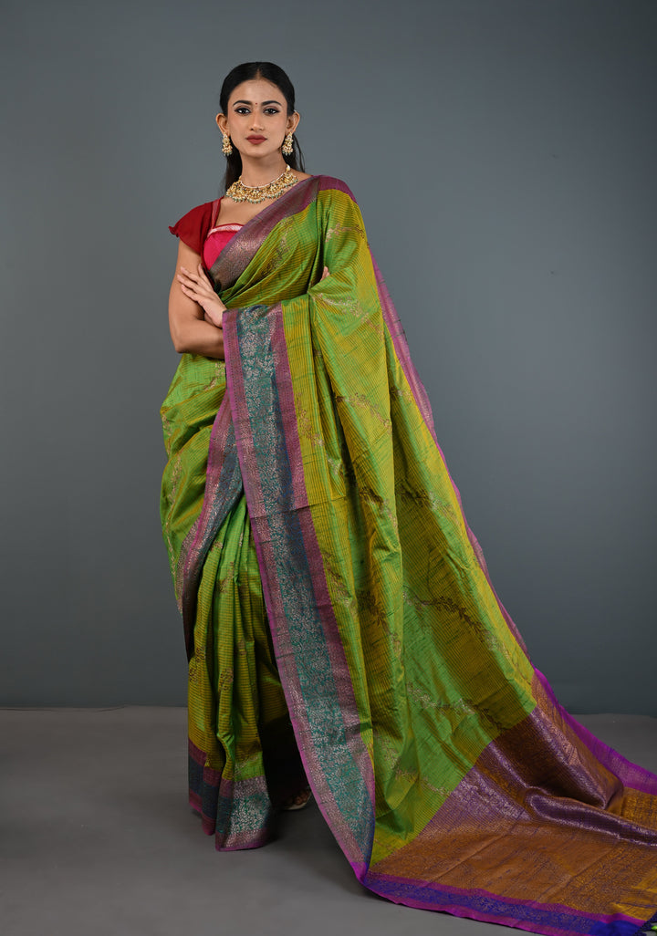 Green -Yellow Dual Tone Dupion Banarasi Pure Silk Saree with Jungla Leheria Jaal Pattern and Antique Zari Borders | SILK MARK CERTIFIED