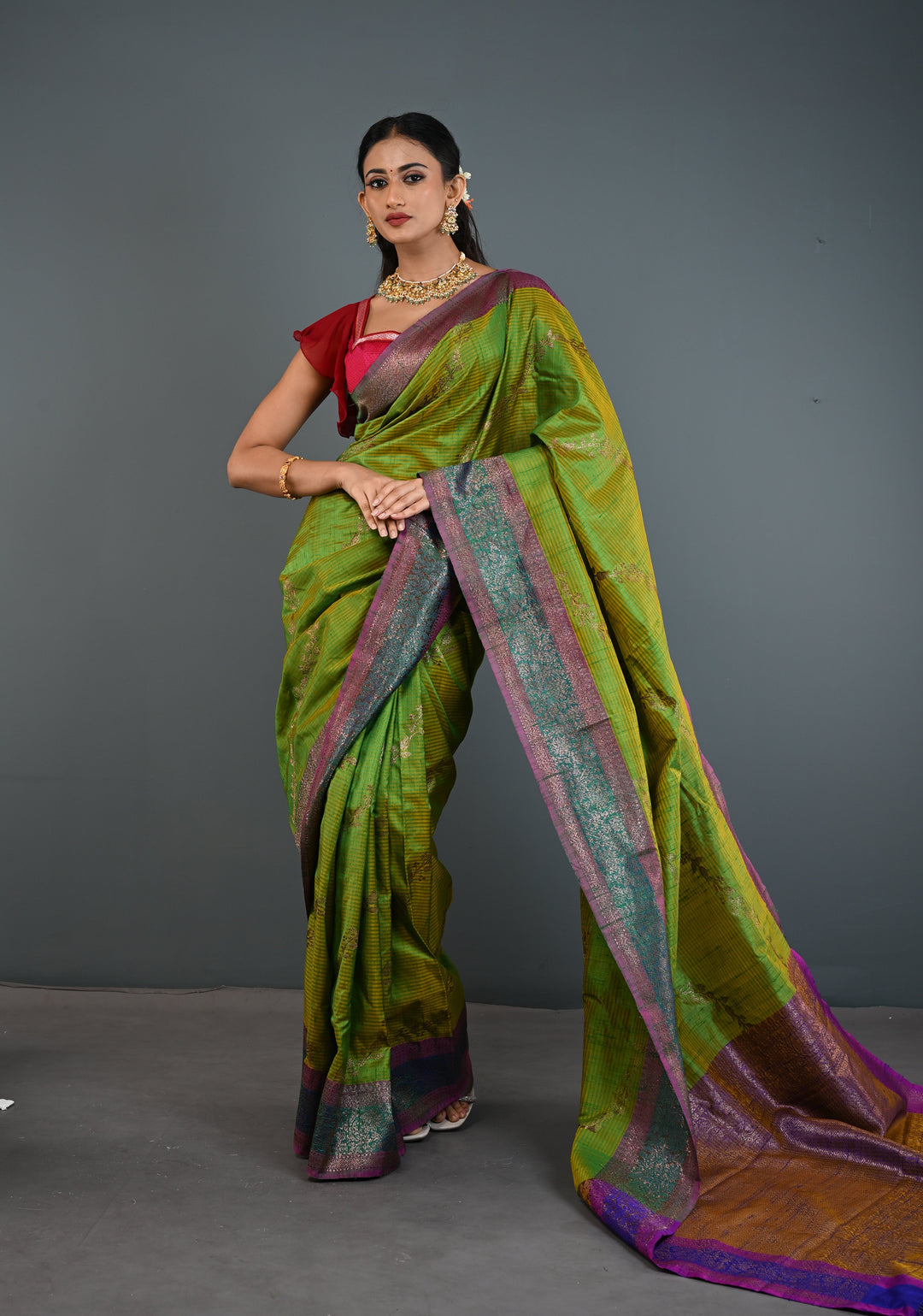 Green -Yellow Dual Tone Dupion Banarasi Pure Silk Saree with Jungla Leheria Jaal Pattern and Antique Zari Borders | SILK MARK CERTIFIED