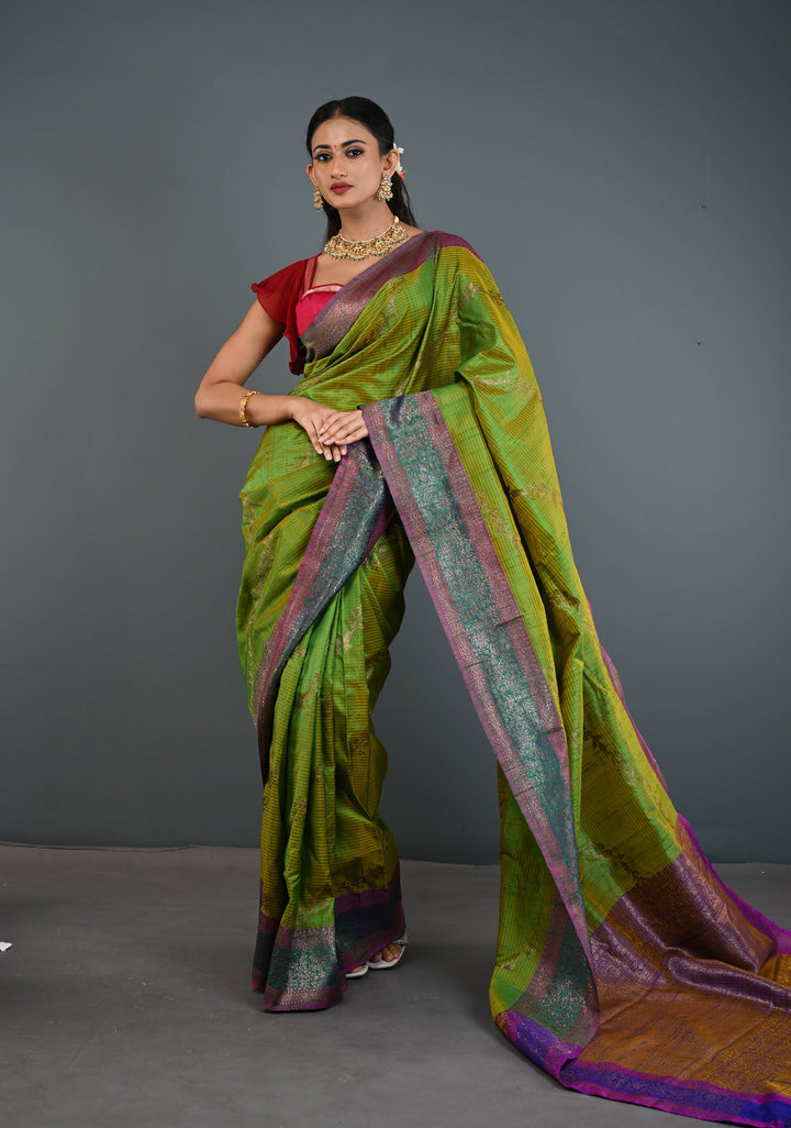 Green -Yellow Dual Tone Dupion Banarasi Pure Silk Saree with Jungla Leheria Jaal Pattern and Antique Zari Borders | SILK MARK CERTIFIED