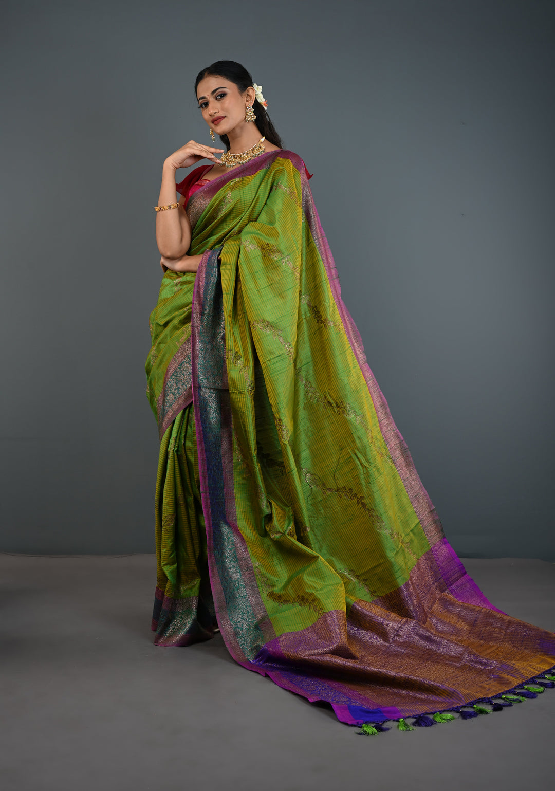 Green -Yellow Dual Tone Dupion Banarasi Pure Silk Saree with Jungla Leheria Jaal Pattern and Antique Zari Borders | SILK MARK CERTIFIED