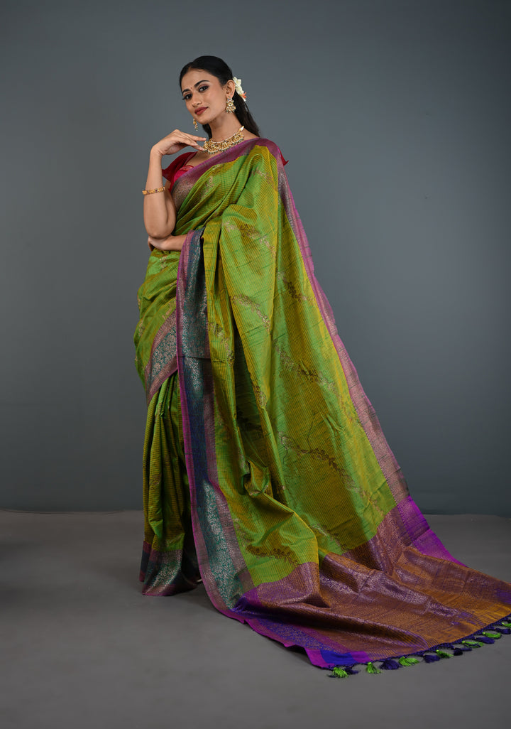 Green -Yellow Dual Tone Dupion Banarasi Pure Silk Saree with Jungla Leheria Jaal Pattern and Antique Zari Borders | SILK MARK CERTIFIED