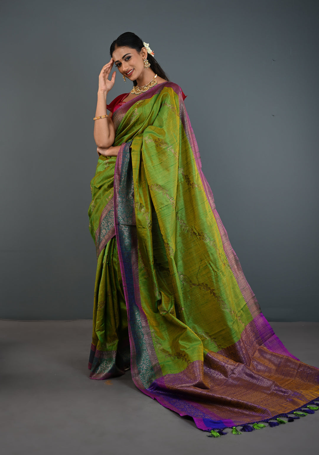 Green -Yellow Dual Tone Dupion Banarasi Pure Silk Saree with Jungla Leheria Jaal Pattern and Antique Zari Borders | SILK MARK CERTIFIED