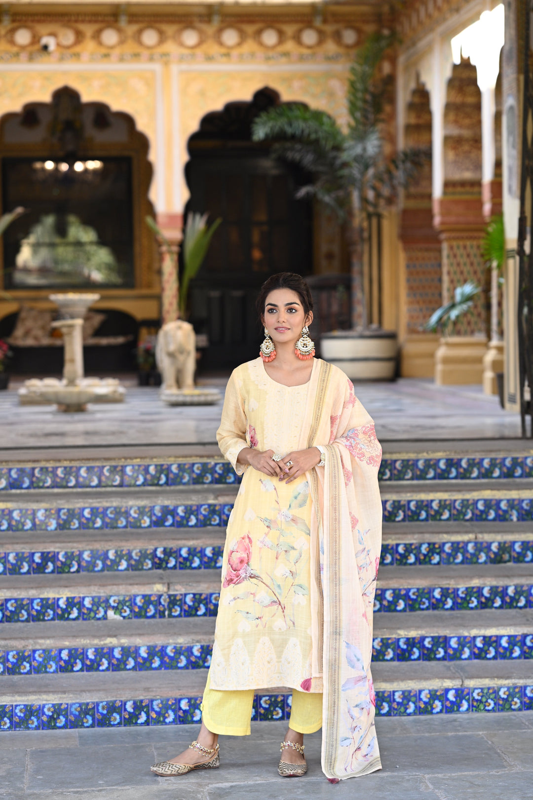 Yellow Pure Linen Floral Print Suit Set- SET OF-3 | SHOBITAM