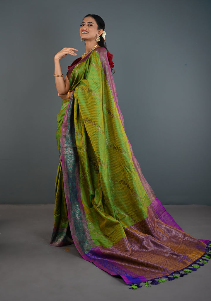 Green -Yellow Dual Tone Dupion Banarasi Pure Silk Saree with Jungla Leheria Jaal Pattern and Antique Zari Borders | SILK MARK CERTIFIED